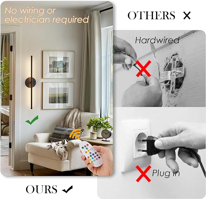 KARTOOSH Battery Operated Wall Sconces Set of Two, with Remote Control, Dimmable, Warm White/Natural White/Daylight/RGB, 350°Rotate, LED Black Wireless Wall Light for Living Room, Bedroom, 20.4 Inch