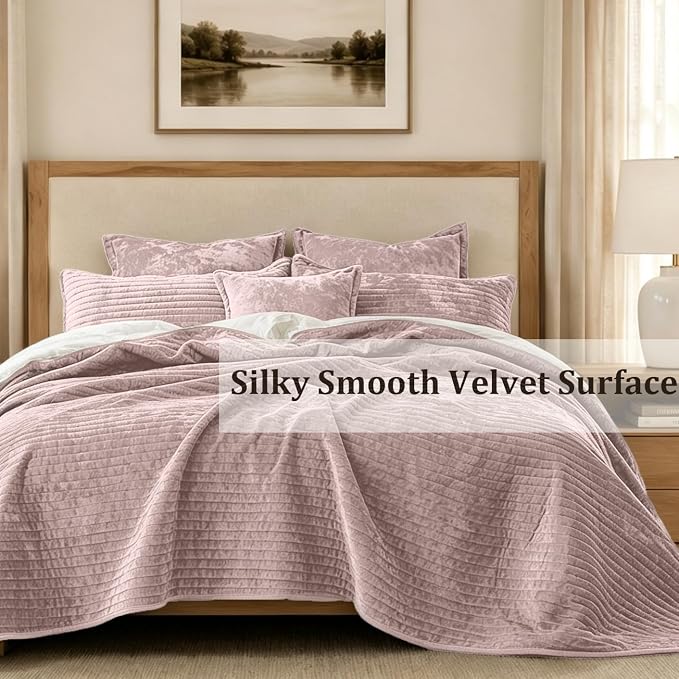 Luxury Velvet California King 106x118 in Quilt Set 3 Piece Quilted Bedspread with 2Pillow Shams(20x36) Ultra Soft Coverlet All Season Bedding for Farmhouse Modern Bedroom Sofa,Pink