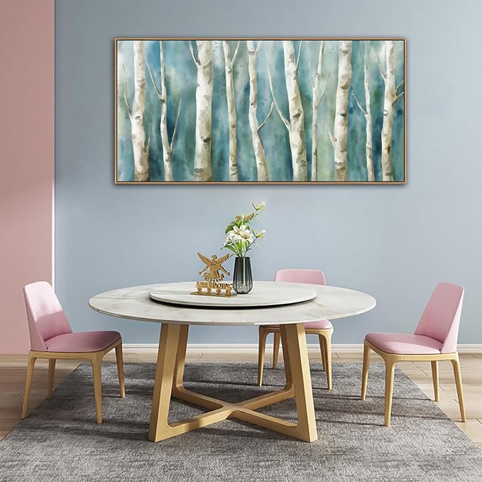 Framed Birch Canvas Wall Art - Abstract Birch Tree Pictures for Modern Turquoise Canvas Painting Nature Printing Artwork for Living Room Bedroom Home Office Wall Decoration 29" x 58