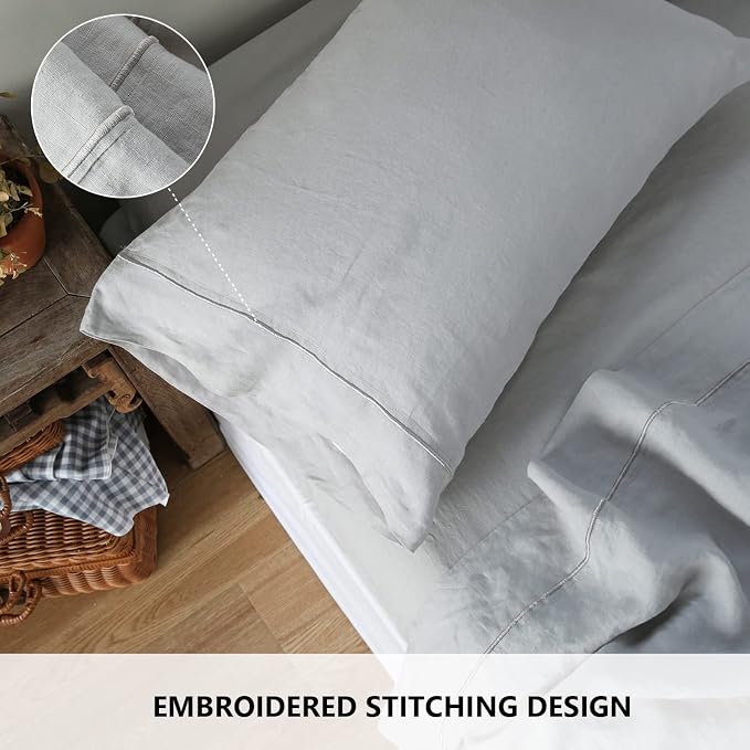 Simple&Opulence 100% French Linen Pillowcase King Size-Set of 2- Washed Solid Color Pillow Cases Embroidered -Soft and Durable (Grey, 20''x40'')