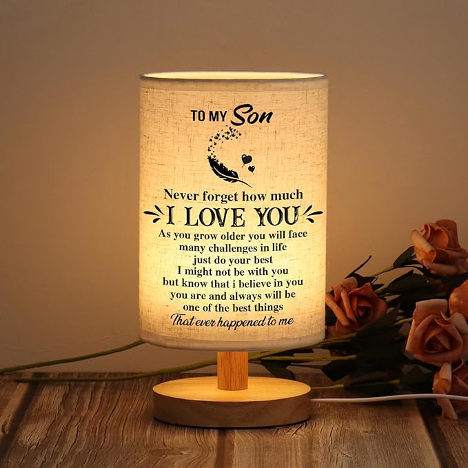 WSYEAR Gifts for Son from Mom Dad- Son Gifts from Mom Fabric Wooden Desk Lamp Gifts for Adult Son Graduation Gifts, to My Son Birthday Gifts