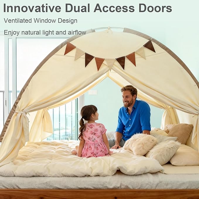 Redants Twin Bed Tent Canopy, Indoor Blackout Privacy Toddler Bed Tent for Kids with Light, Portable Sleeping Floor Kids Playhouse (Cream, Twin Size)