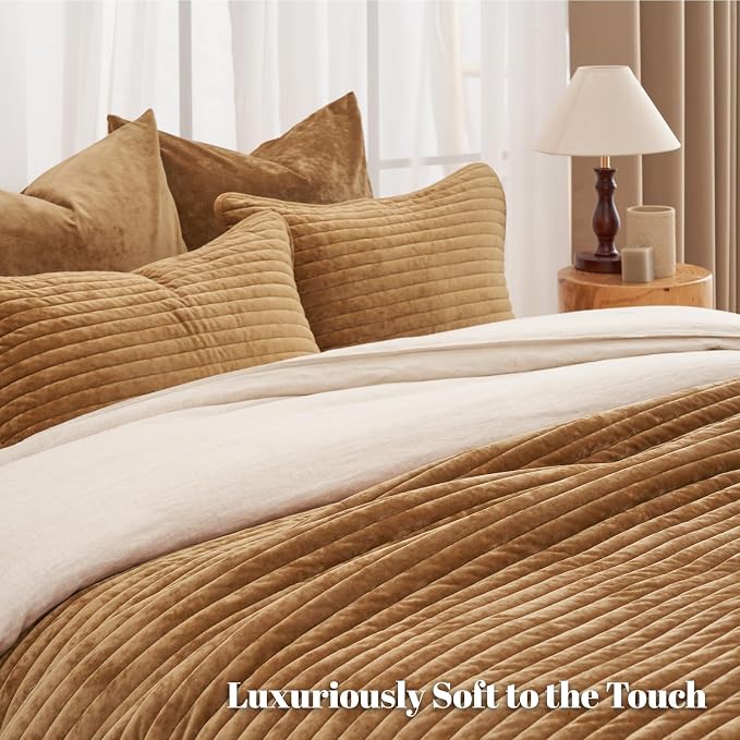 PHF Luxury Velvet Quilt Set King Size – 3PCS Ultra Soft Quilted Comforter Alternative with Striped Channel, Cozy Quilted Bedspread, 1 Coverlet with 2 Matching Shams, 108" x 92", Rusty Burnt Orange