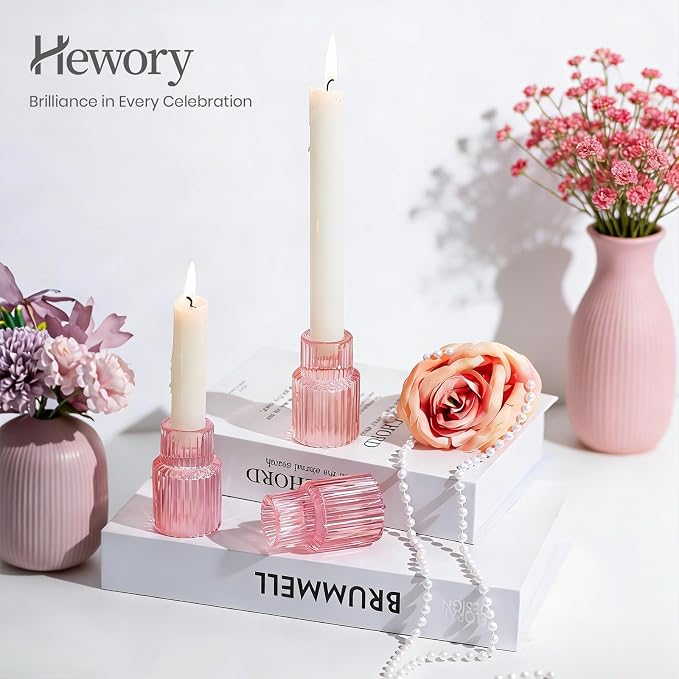 Hewory Glass Pink Candle Holder: 20PCS Valentines Taper Candle Holders for Table Centerpiece, Tapered Candlestick Holders for Valentines Day Decorations Gifts Anniversary Wedding Holiday Home Decor