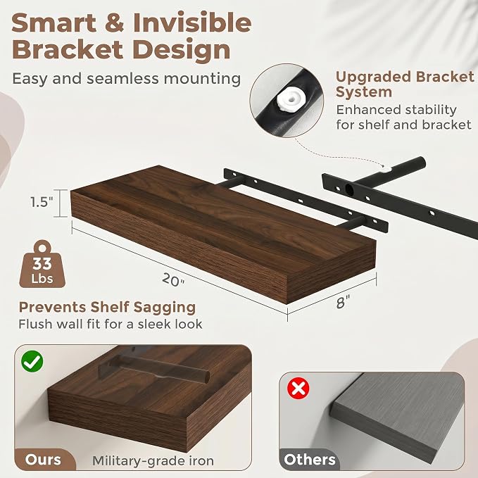 20 Inch Floating Shelves for Wall, 8"D Wood Storage Shelves, Walnut Finish | Engineered Wood, Invisible Bracket, Large Storage, Easy Install, Hold Up to 33lbs, Living Room, Bathroom, Bedroom, Kitchen