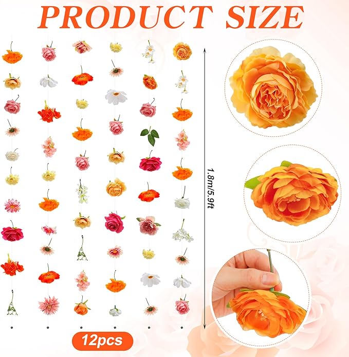 Suncalla 12 Pcs 70.8 ft Flower Garlands Hanging Artificial Wildflower Vine Decor from Ceiling Floating Floral Backdrop Silk Fake Flower Garland for Wedding Home Garden Wall Arch(Rose)