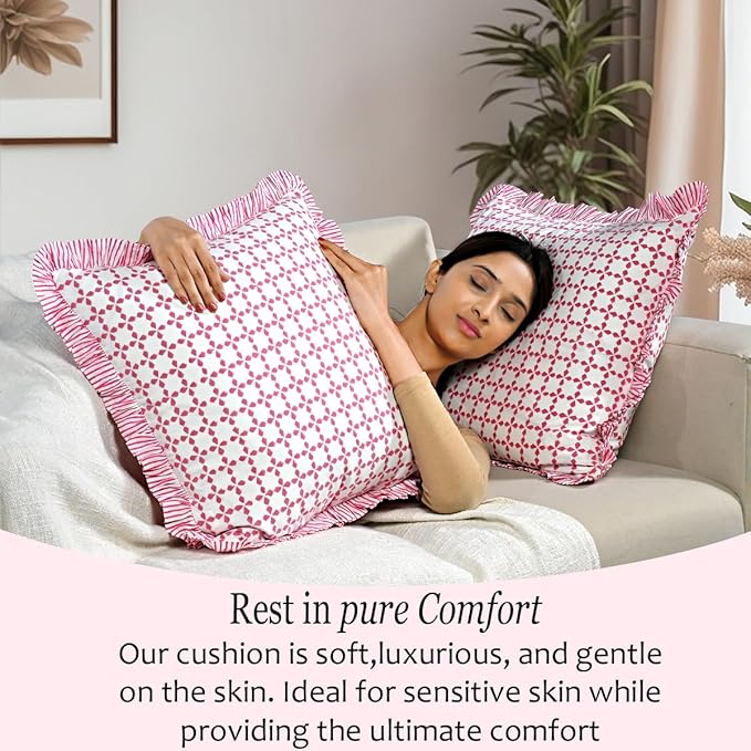 CPC Magenta Pink Hand Block Print 100% Cotton Ruffle Throw Pillow Cover 24x24 inch with Hidden Zipper Decorative for Couch, Bed, Sofa, Farmhouse, Cottagecore Decor Gift Christmas Fall Thanksgiving