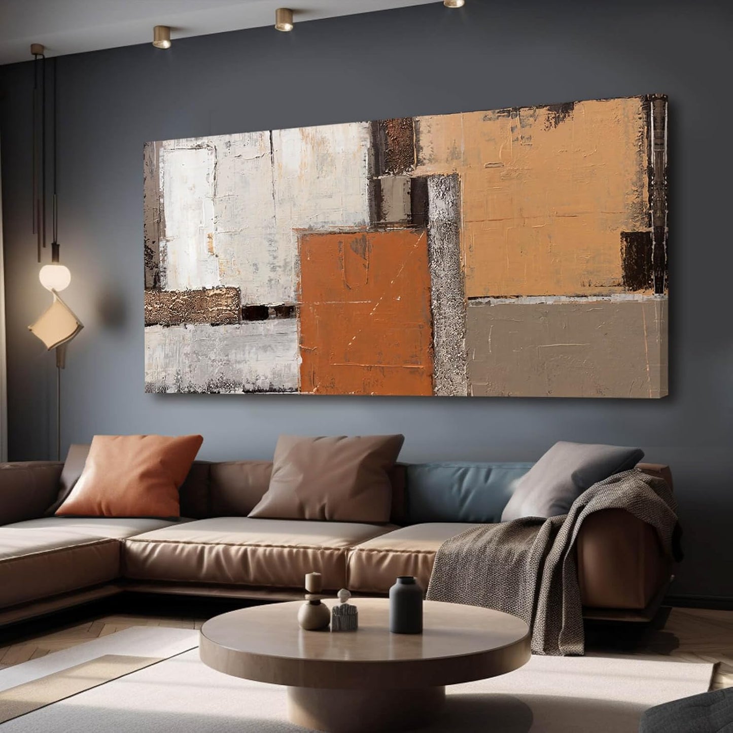 Orange Abstract Canvas Photo Prints Living Room White Artwork Brown Block Painting for Room 29"x 58" Office Wall Art Bedroom Hallway Decor