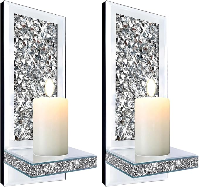 ZOLAPI Set of 2 Crystal Crush Diamond Candle Sconces, Gorgeous Silver Mirrored Wall Sconce, Candle Holder Glass Wall Decorations for Home Décor, Living Room, Dining Room. 1A