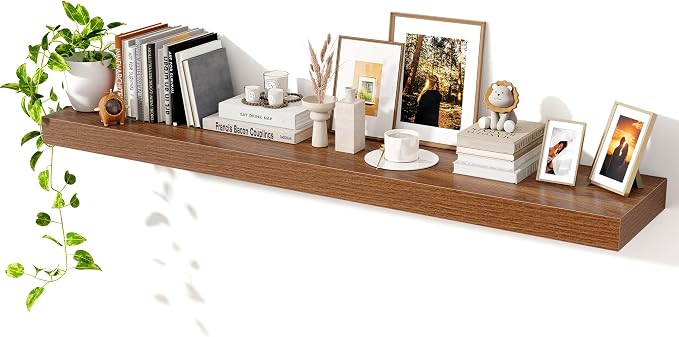 Axeman 55Inch Floating Shelves for Wall, Rustic Wood Shelves for Bedroom, Bathroom, Kitchen, Hanging Wall Mounted Shelf with Invisible Brackets for Books Decor, Set of 1, Walnut