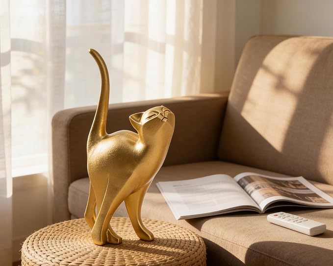 Gold Cat Statue Modern Abstract, Home Office Shelf Decor, 7-Inch Vibrant Assorted Colors, Easy to Match Any Decor Style