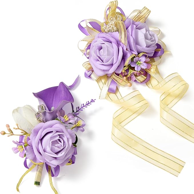 Serwalin Purple Prom Corsage and Boutonniere Set, Artificial Calla Lily Rose Wrist Corsage Wristlet for Homecoming, Formal Dance, Wedding Flowers Accessories Party Suit Decorations