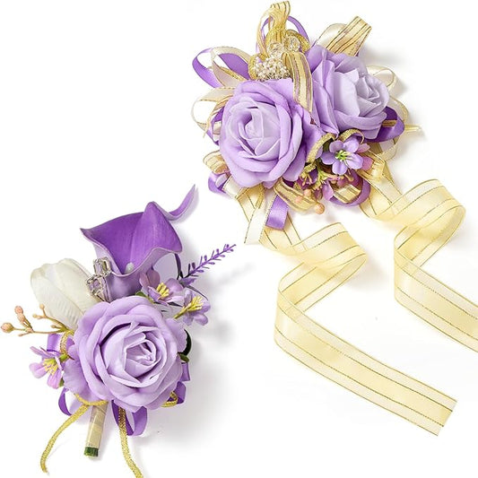 Serwalin Purple Prom Corsage and Boutonniere Set, Artificial Calla Lily Rose Wrist Corsage Wristlet for Homecoming, Formal Dance, Wedding Flowers Accessories Party Suit Decorations