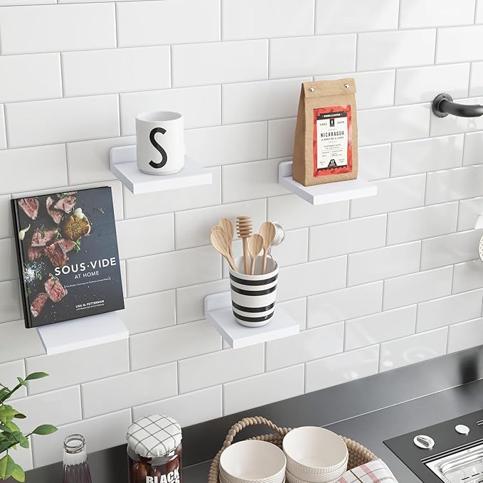 Fixwal Small Shelf for Wall, Rustic Wood Floating Wall Mounted Shelves for Bedroom, Living Room, Kitchen, Bathroom Decor, Set of 4, 5 x 5 Inches (White)