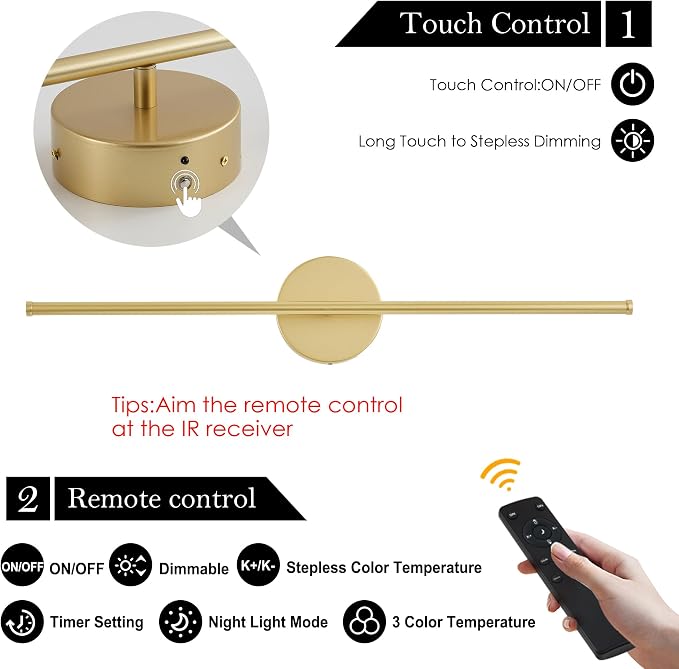 KARTOOSH Removable Battery Operated Wall Sconces with Remote Control 350°Rotate LED Wireless Wall Lights with 3 Color Temperatures & Dimming for Bedroom, Hallway,24.4 Inch (2 Pack)