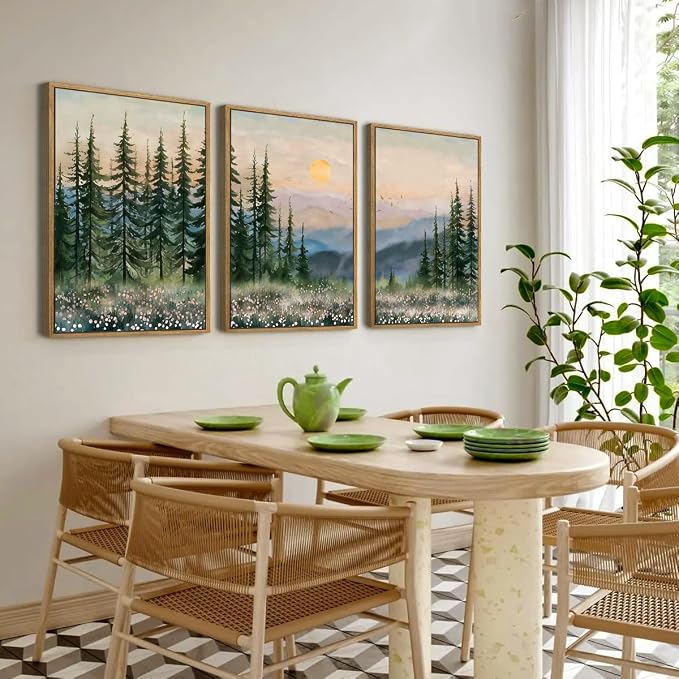 DRACIT Boho Sunset Forest Framed Canvas Wall Art Set,Natural Green Pine Tree Wall Decor,Modern Watercolor Mountain Landscape Artwork for Living Room,Bedroom,Office-16 x24 x3
