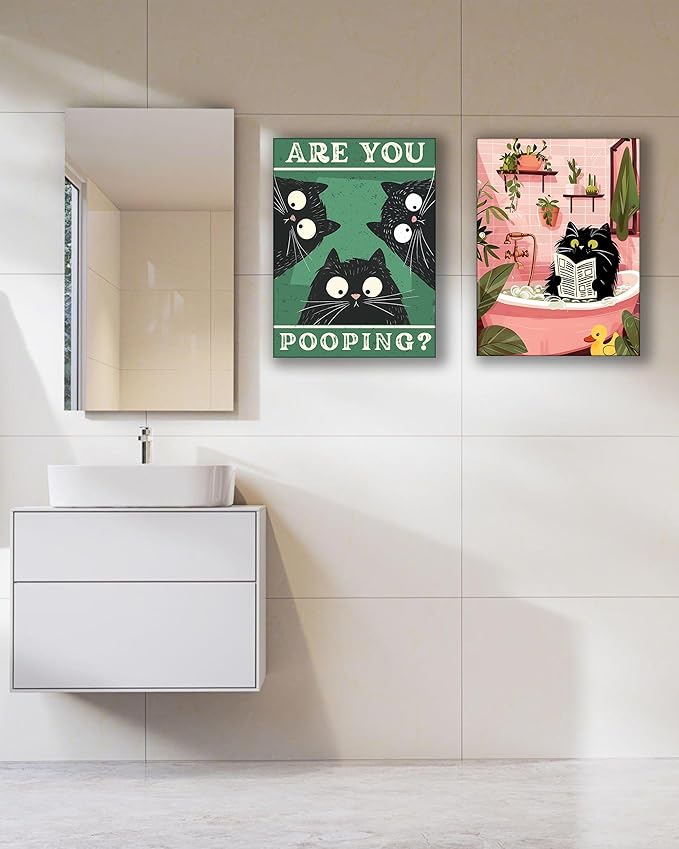 UPWOIGH Cute Black Cat Bathtub Bathroom Wall Art, Cat Reading Newspaper Poster, Pink Bathroom Decor with Plants, Wood Framed Canvas 12x16 Inch