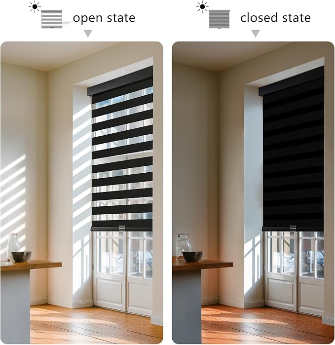 AOSKY Cordless Zebra Blinds for Windows Pull Down Roller Window Shades Dual Layer Light Filtering Privacy for Day and Night, Free-Stop Door Shades for Home Easy to Install (38" W X 72" H, Black)