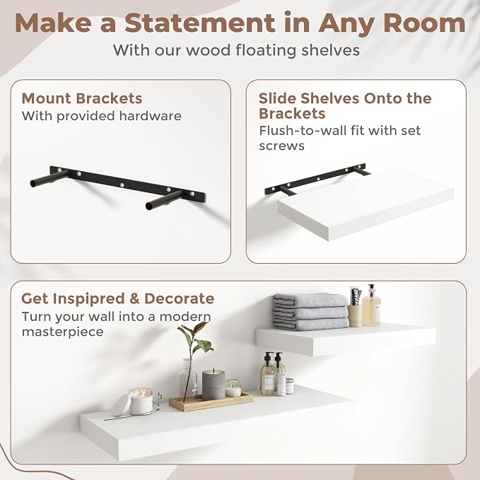 24 Inch Floating Shelves for Wall Set of 2, 12"D Wood Grain Bathroom Shelves with Invisible Brackets, Easy Install Engineered Wood Storage Shelves for Kitchen, Living Room, Bedroom, White Finish