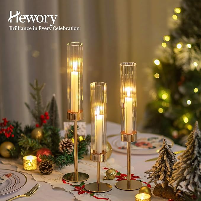 Hewory Gold Hurricane Candle Holders: 12 PCS Tall Taper Candlestick Candle Holders Bulk for Candlesticks Candle Sticks Holder Decor for Table Centerpiece Wedding Party Christmas Decorations