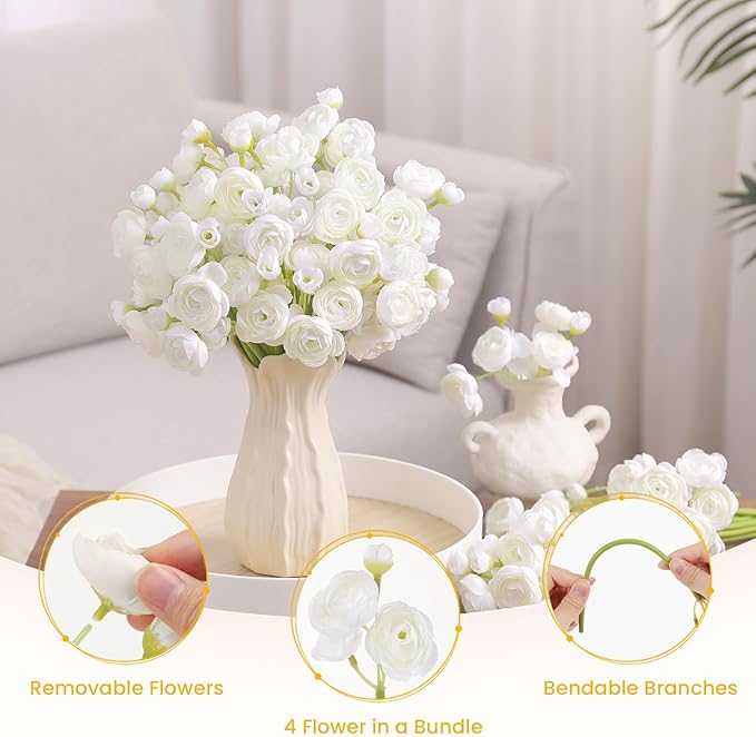 Alupssuc 30Pcs Ranunculus Artificial Flowers Faux Silk Mini Ranunculus, Spring Flowers Artificial Indoor for DIY Bouquets, Bulk Fake Wedding Filler Flowers for Bride Shower Decorations, Ivory White