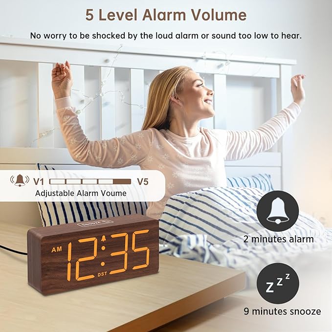 DreamSky Wooden Digital Alarm Clock for Bedroom - Desk Clock with Large Numbers for Living Room Office, Loud Alarm for Heavy Sleepers Adults, Volume Control, Dimmer, DST, Wood Decor (Plug in Clock)
