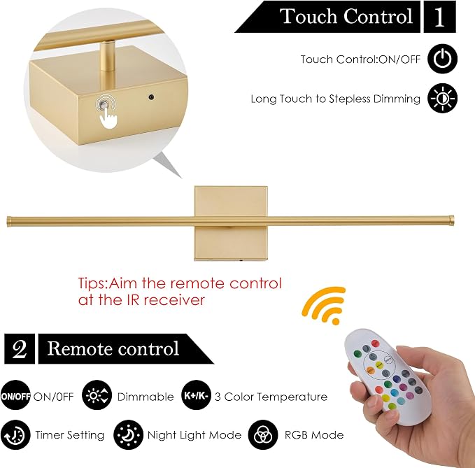 KARTOOSH 28.3 Inch Battery Operated Wall Sconces Wireless Set of 2, Gold | RGB Wall Lamps, 3 Color Temps, Remote Control, Dimmable Rotatable, LED Wall Lights for Living Room Bedroom