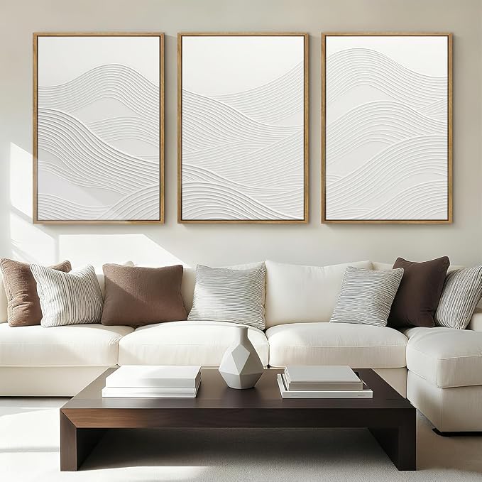 Anyzal Extra Large Framed White Textured Wall Art 24x36 Inch Neutral Abstract Modern Canvas Wall Decor Minimalist Waves Artwork for Living room Dining room Bedroom Set of 3