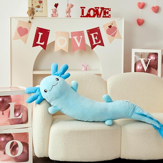 MaoGoLan Giant Axolotl Plush Body Pillow, Big Axolotl Stuffed Animal, XL Salamander Plush Pillow Toy for Kids, Glow in The Dark Salamander Plushies, Birthday Easter Gift, Baby Shower Decor, Blue