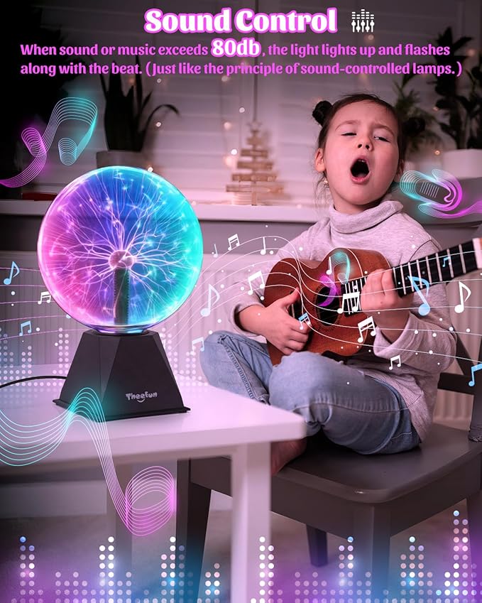 Theefun Plasma Ball, 8 Inch Huge Plasma Globe Birthday Gifts Touch & Sound Sensitive Ball Lamp Electric Lightning Novelty Light for Parties, Home, Prop, Room Decoration, Multicolor