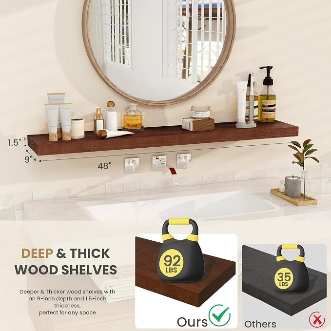RICHFOCUS Floating Shelves for Wall 48 Inch Solid USA-Sourced Oak Wooden Shelves for Bathroom Kitchen 9" Deep Modern Wood Shelf with Heavy-Duty Bracket for Wall Mounted, Walnut Finish