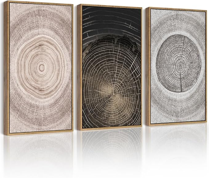 PHOPAGO Vintage Wood Tree Rings Wall Art 16x24in Farmhouse Rustic Framed Canvas Paintings Living Room Bedroom Decor Nature Artwork Natural Framed