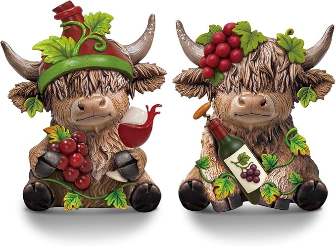 Karenhi 2 Pcs Red Wine Highland Cow Figurines Highland Cow Gnomes Scottish Resin Statue Calf Lovers Gifts for Home Garden Kitchen Office Tiered Tray Table Decor