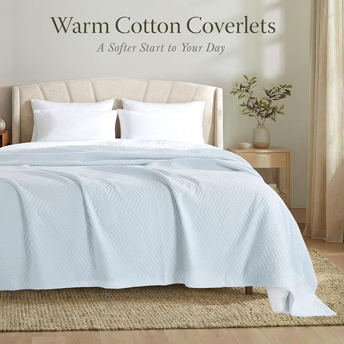 Threadmill Luxury Cotton Blankets for Twin Size Bed | All-Season 100% Cotton Twin Blanket for Bed | Aster Jacquard Lightweight, Soft & Cozy Coverlet, 350GSM, 68 x 90 inches | Light Blue