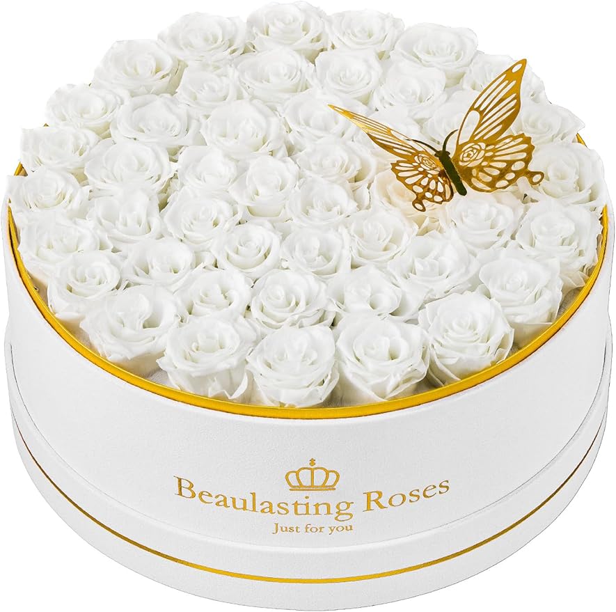 47 Preserved Roses Forever Flowers Real Roses in a Box Mother's Day Birthday Flowers for Her Mom Women Wife Valentine's Day, White Roses