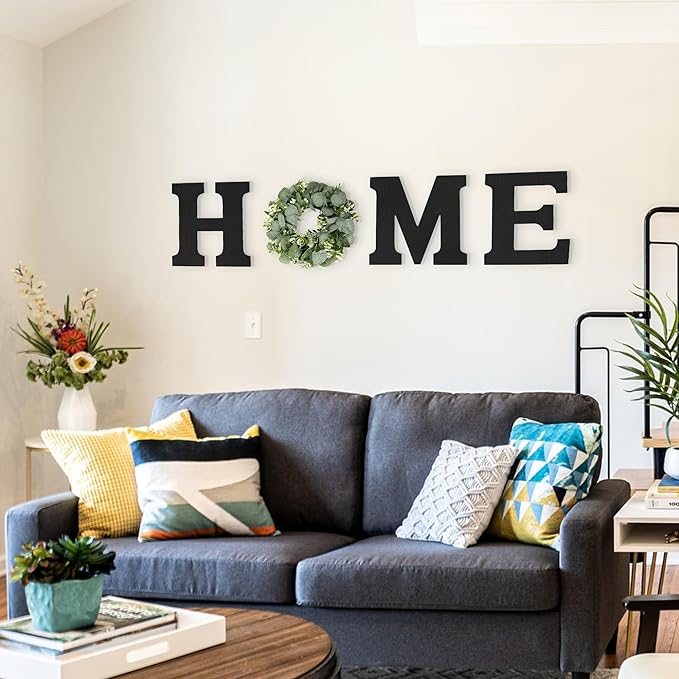 Pinkpum Wood Home Sign with Artificial Eucalyptus Wreath for O, Hanging Farmhouse Wall House Decor Wood Letters for Wall Art Rustic Home Decor, Wall Decor for Living Room Kitchen Entryway (Black)