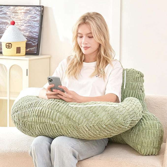 17" Reading Pillow for Bed,U Shaped Arm & Elbow Support,Green Corduroy | Backrest Supports Back,U Shaped Lap Pillow Cushions Arms,Elbows & Wrists,Ribbed Corduroy for Reading,Gaming,Watching TV