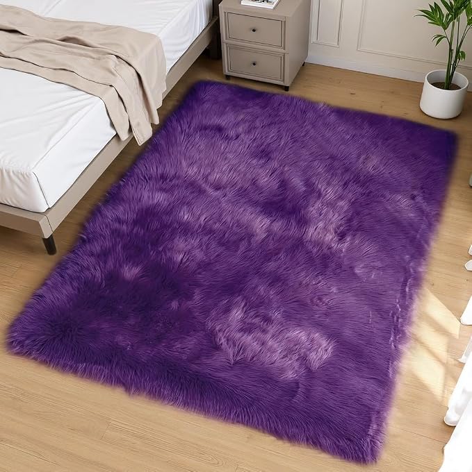 Goolela Purple Area Rug 5x7 Fluffy Fuzzy Furry Carpet for Bedroom Living Room Faux Sheepskin Fur Shaggy Plush Soft Washable Rectangle