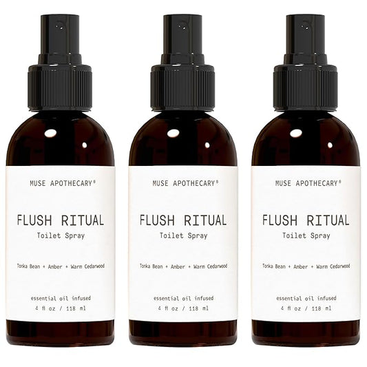 Muse Apothecary Flush Ritual - Aromatic & Refreshing Toilet Spray, Use Before You Go, 4 oz, Infused with Natural Essential Oils - Tonka Bean + Amber + Warm Cedarwood, 3 Pack