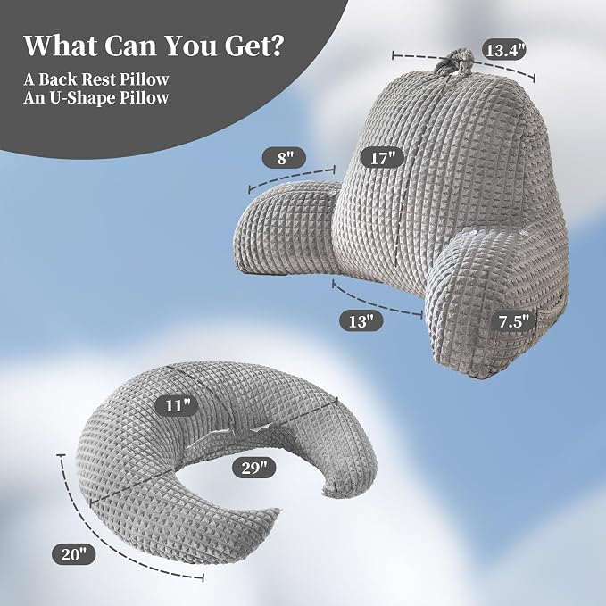 19" Reading Pillow for Bed,U Shaped Arm & Elbow Support,Gray Flannel | Backrest Supports Back,U shaped Lap Pillow Cushions Arms,Elbows & Wrists,Soft Flannel for Reading,Gaming,Watching TV