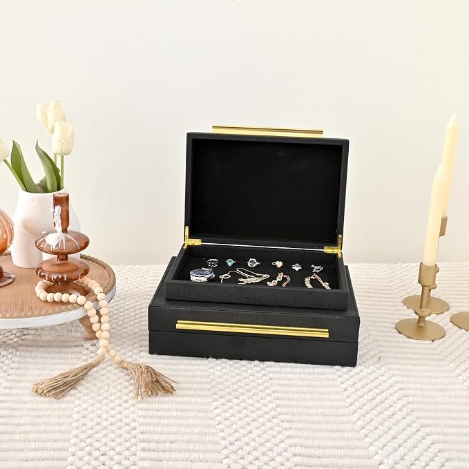 DECOR4SEASON Faux Shagreen Leather Jewelry Boxes Set of 2 with Gold Handles, Decorative Organizer Storage Box for Rings, Earrings, Watches, Dresser, Vanity, Stackable, Black