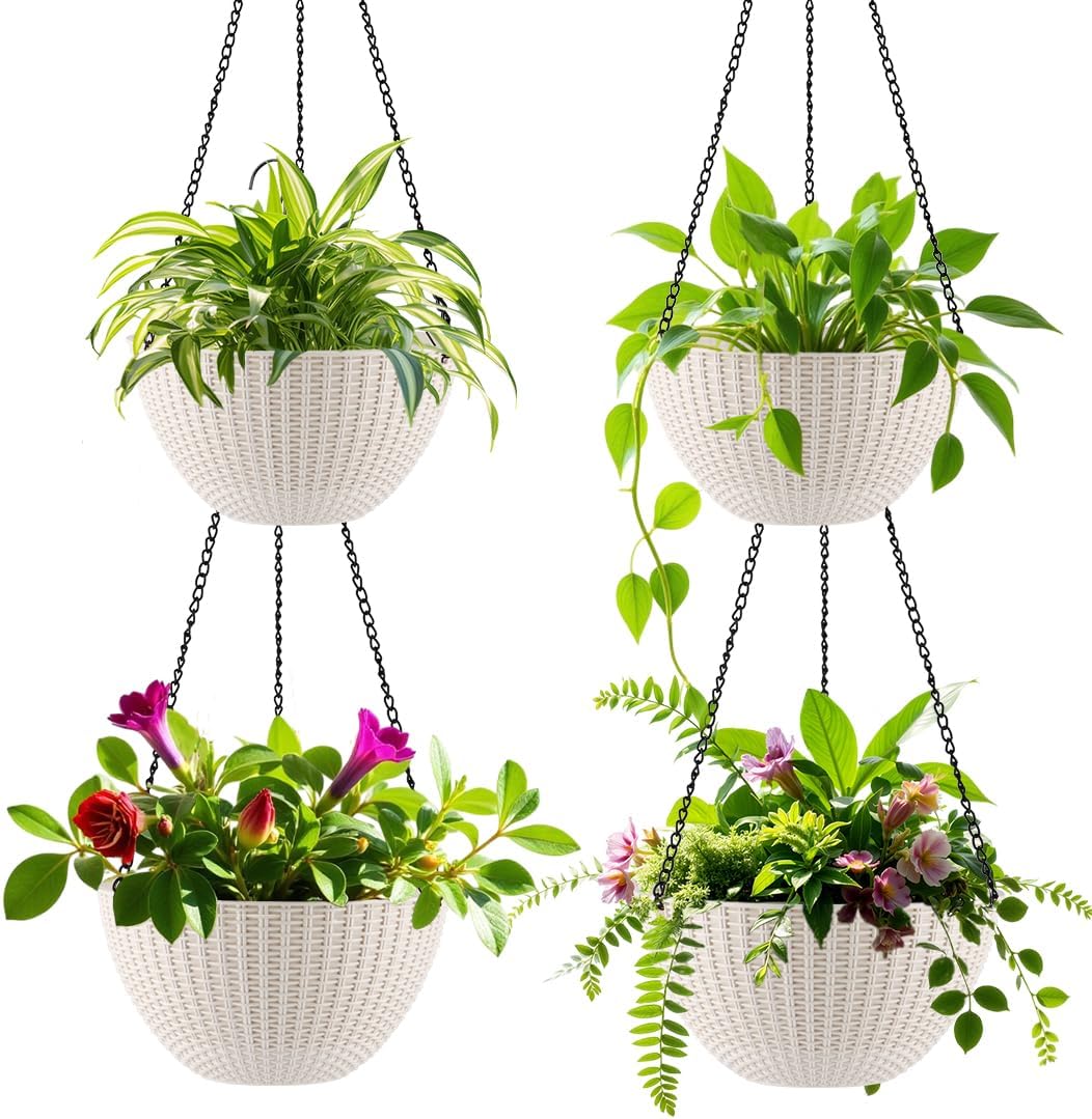 Hanging Planters for Indoor Outdoor Plants 8/10 Inch, 4 Packs Plant Hanger with Drainage Holes, Hanging Basket Flower Pot Perfect for Home, Office and Garden,White