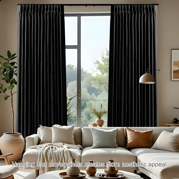 Black Linen Pinch Pleated Curtains 84 Inches Long for Living Room, Light Filtering Pleat Drapes Textured Thick Memory Trained Semi-Sheer Window Curtain with Hooks for Bedroom Dining Room, 2 Panels