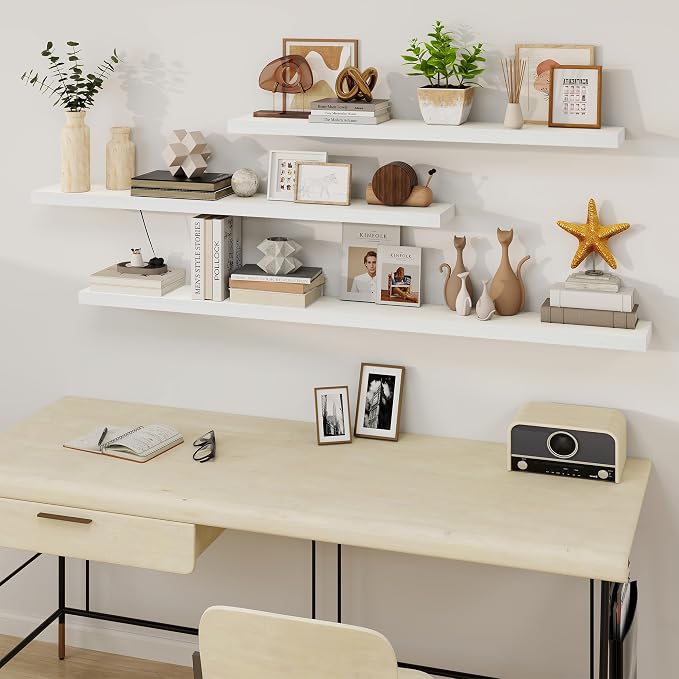 Fun Memories Floating Shelves for Wall, 48Inch Long Floating Shelves Set of 1, Hanging Shelf with Invisible Brackets, Wood Shelves for Living Room, Bedroom, Kitchen, White