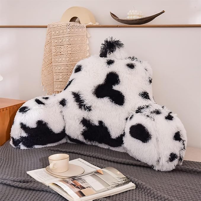 A Nice Night Faux Fur Reading Pillow Bed Wedge Adult Children Backrest with Arms Back Support Bed/Couch for Bedrest,Cow Printed,Large