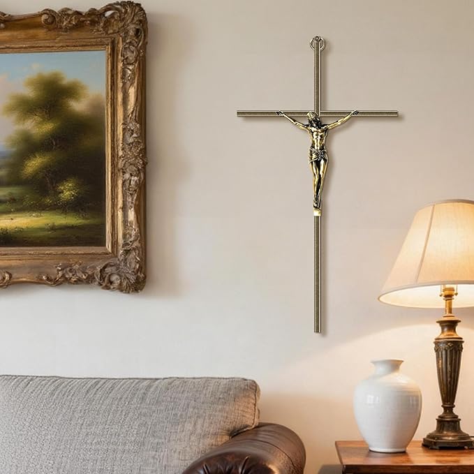 KUXBET Catholic Crucifix Wall Cross, 24.5 inch Metal Jesus Christ Cross, Handmade Hanging Wall Décor for Home, Religious Devout Give Faith Gift (24.5inch, Vintage)