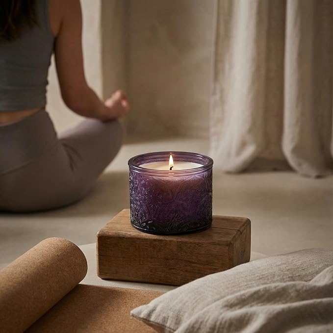 10 oz Purple Mandala Glass Candle Jars with Bamboo Lids, 9 Pack | Patented Embossed Design, Includes Wick Centering Devices & Warning Labels, Multiple Color Options