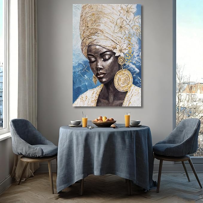 Dolidoteart Blue Gold Black Woman Wall Art, Large African American Canvas Wall Art for Living Room Bedroom Office, Modern Portrait Wall Art Print, 32x48 Inch