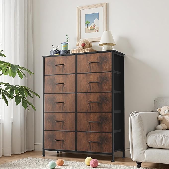 OLIXIS 10 Drawer Tall Dresser with Fabric Bins for Bedroom, Fabric Storage Tower Organizer for Closet Living Room Hallway, Double Chest of Drawers with Steel Frame Wood Top,Black-Brown