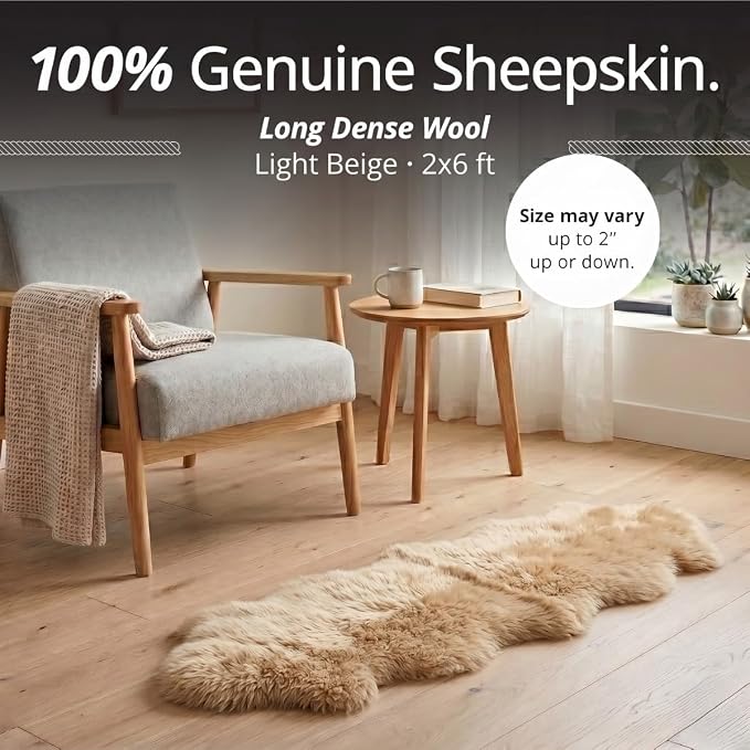 Duo Sheepskin Area Rug 2x6 Ft – 100% Genuine Lambskin – Premium Soft & Fluffy Light Beige Runner for Bedroom or Living Room – Made in Argentina